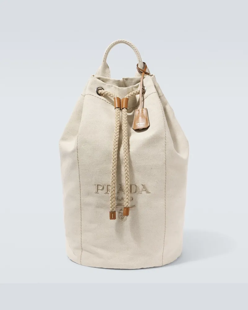 Prada Bestickte Bucket Bag aus Canvas Weiß