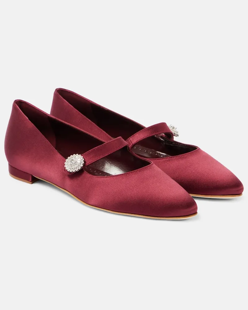 Manolo Blahnik Verzierte Mary-Jane-Ballerinas Marijanaflat aus Satin Rot