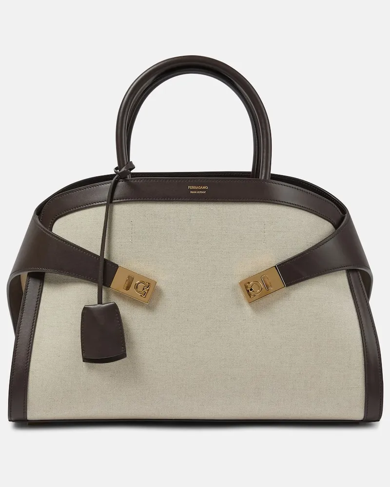 Ferragamo Tote Bag Hug Medium aus Canvas und Leder Nude