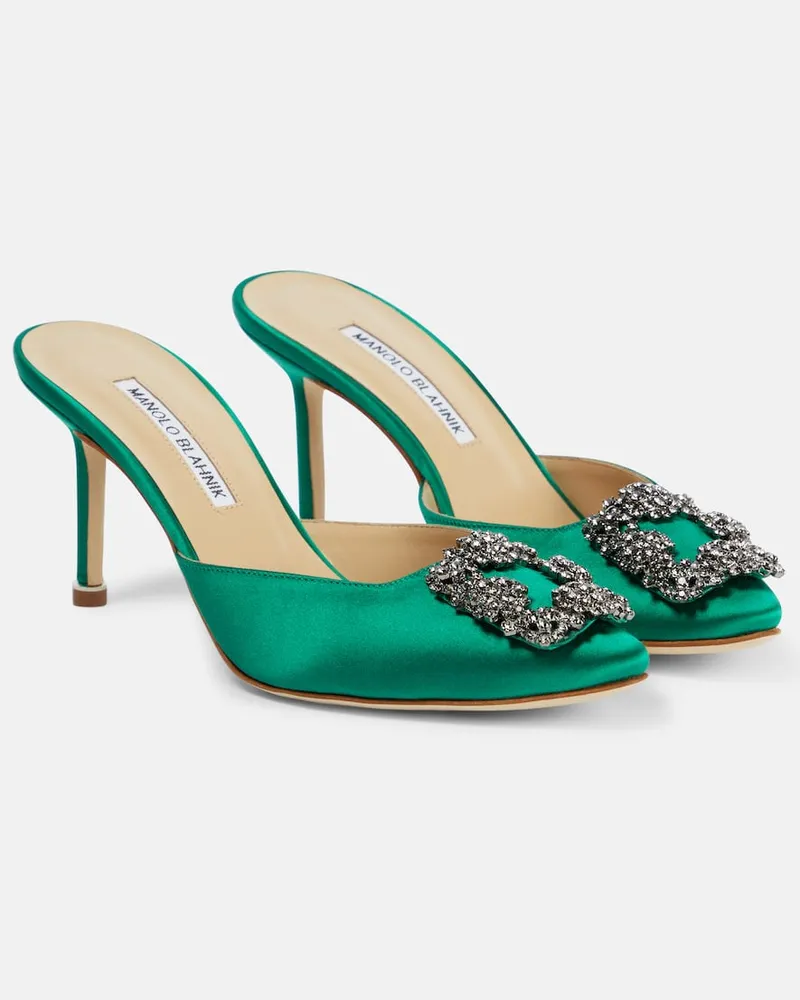 Manolo Blahnik Mules Hangisimu 70 aus Satin mit Kristallen Grün