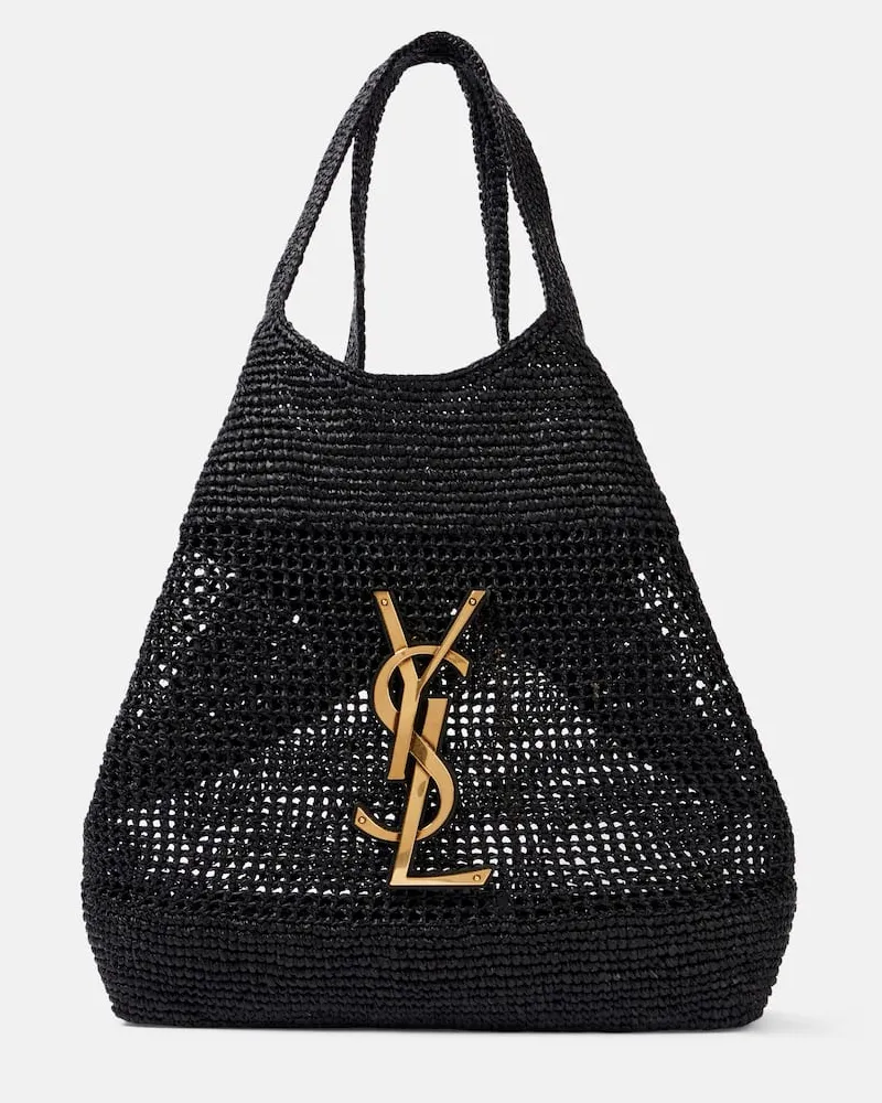 Saint Laurent Tote Bag Icare Cassandre Maxi aus Raffiabast Schwarz