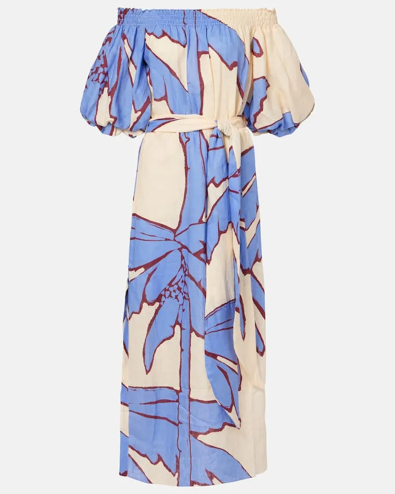 Johanna Ortiz Bedrucktes Off-Shoulder-Midikleid aus Leinen Multicolor