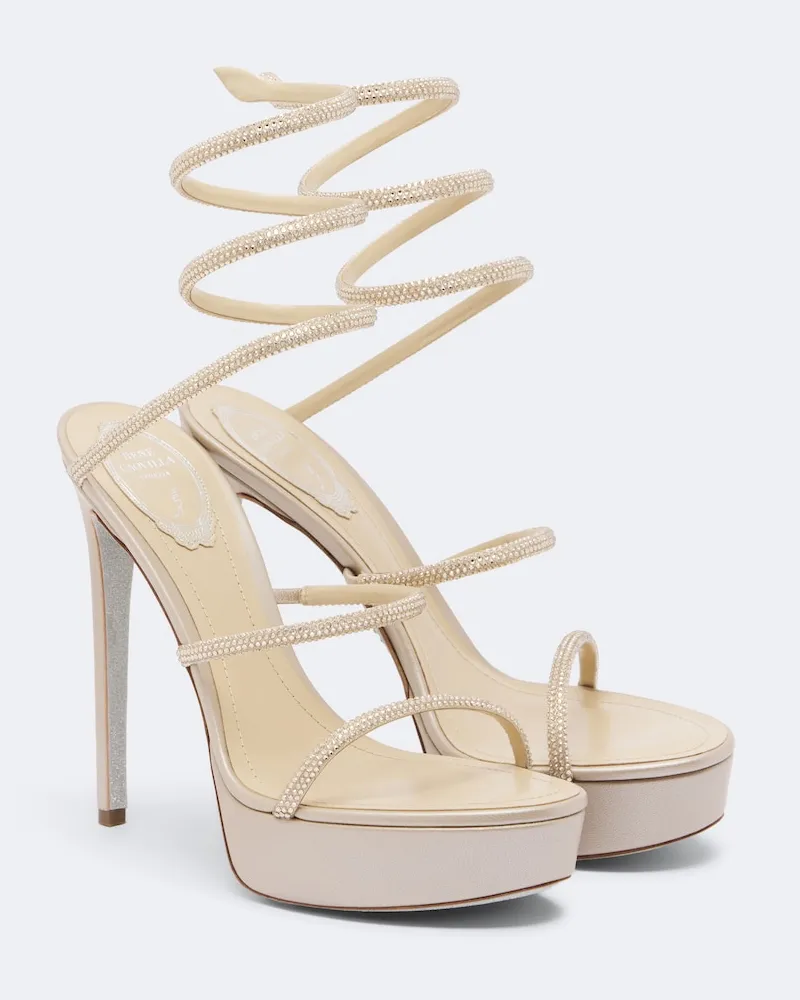 René Caovilla Verzierte Plateausandalen Cleo aus Satin Beige