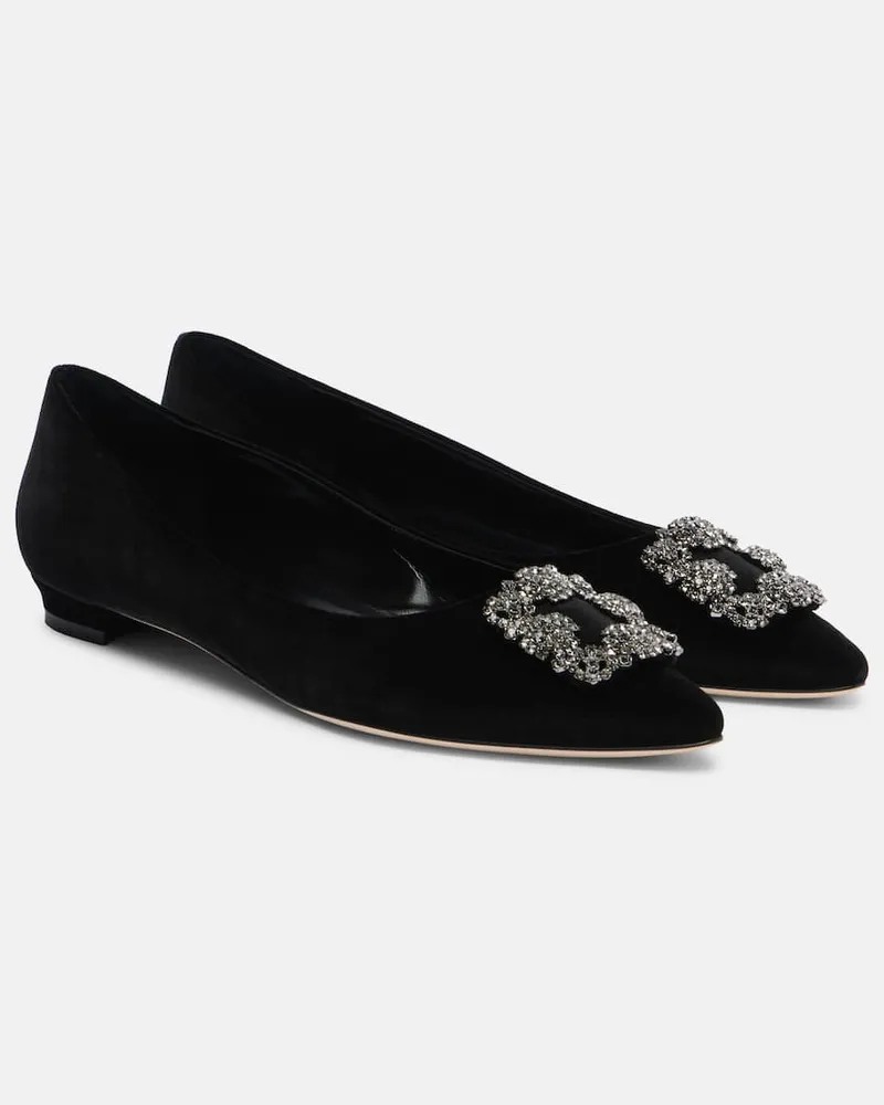 Manolo Blahnik Verzierte Ballerinas Hangisi aus Samt Schwarz