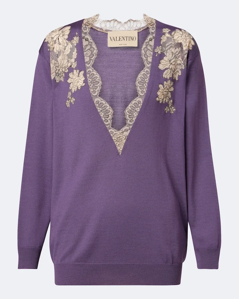 Valentino Garavani Pullover aus Schurwolle mit Spitze Violett