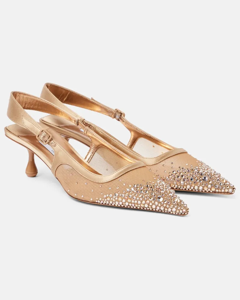 Jimmy Choo Slingback-Pumps Amel 50 aus Mesh mit Kristallen Gold