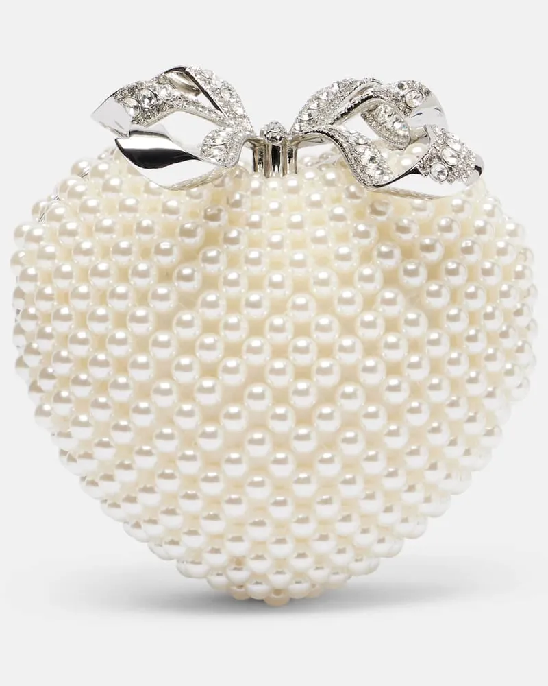 Self-Portrait Clutch Heart Mini mit Zierperlen und Kristallen Weiß