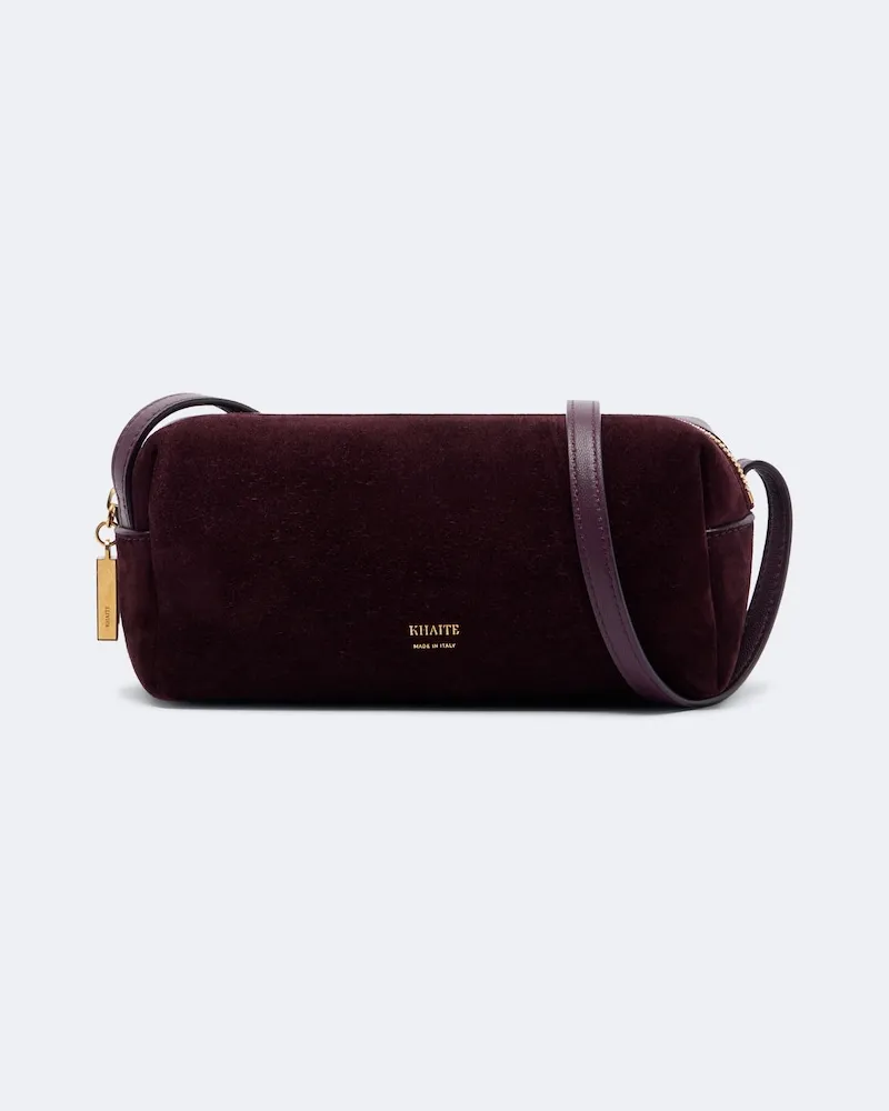 KHAITE Schultertasche Kye aus Veloursleder und Leder Burgunderrot