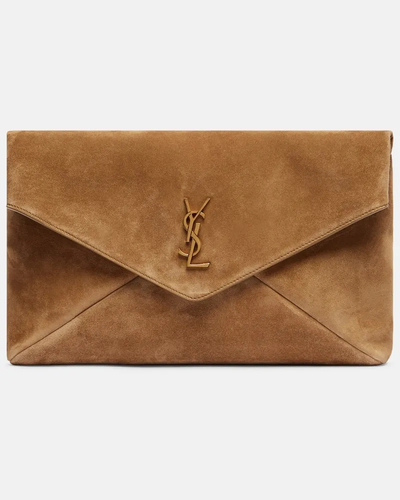 Saint Laurent Clutch Cassandre Large aus Veloursleder Braun