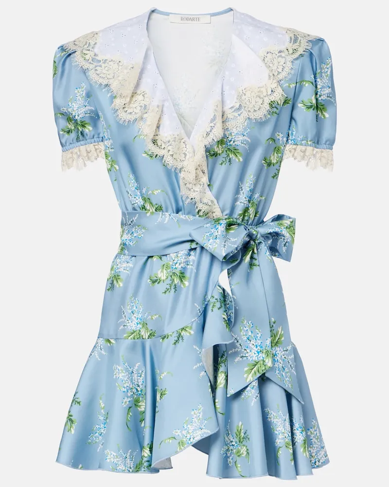 Rodarte Minikleid aus Seiden-Twill mit floraler Spitze Blau
