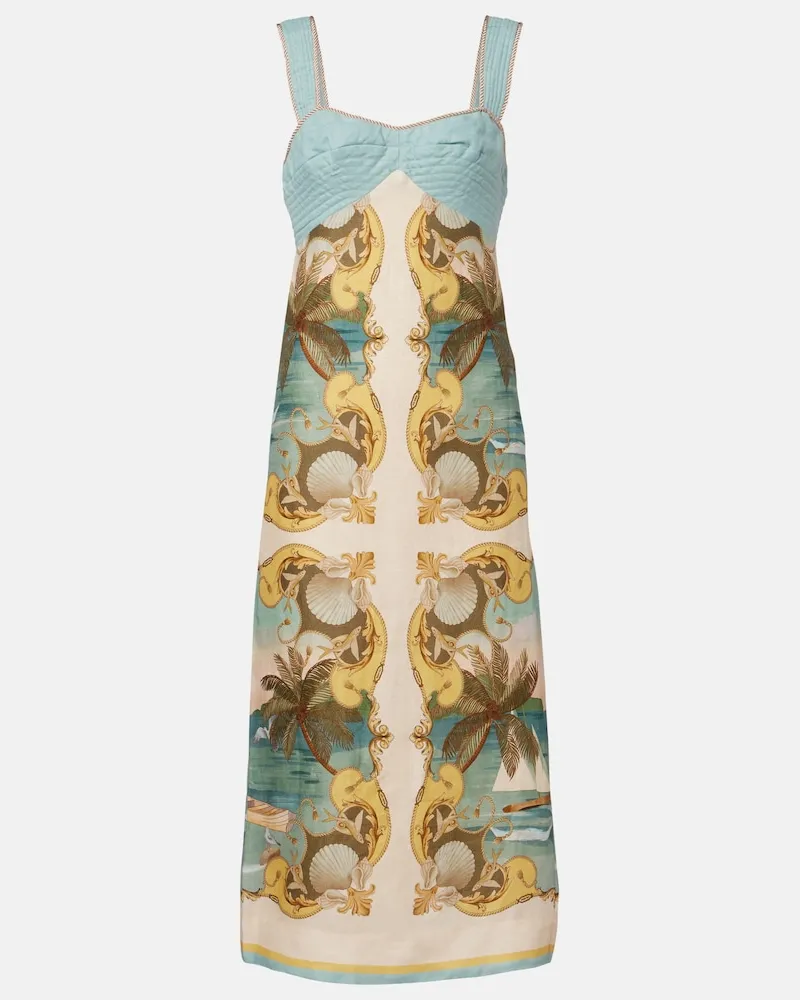 FARM Rio Midikleid Royal Sea aus Leinen Multicolor