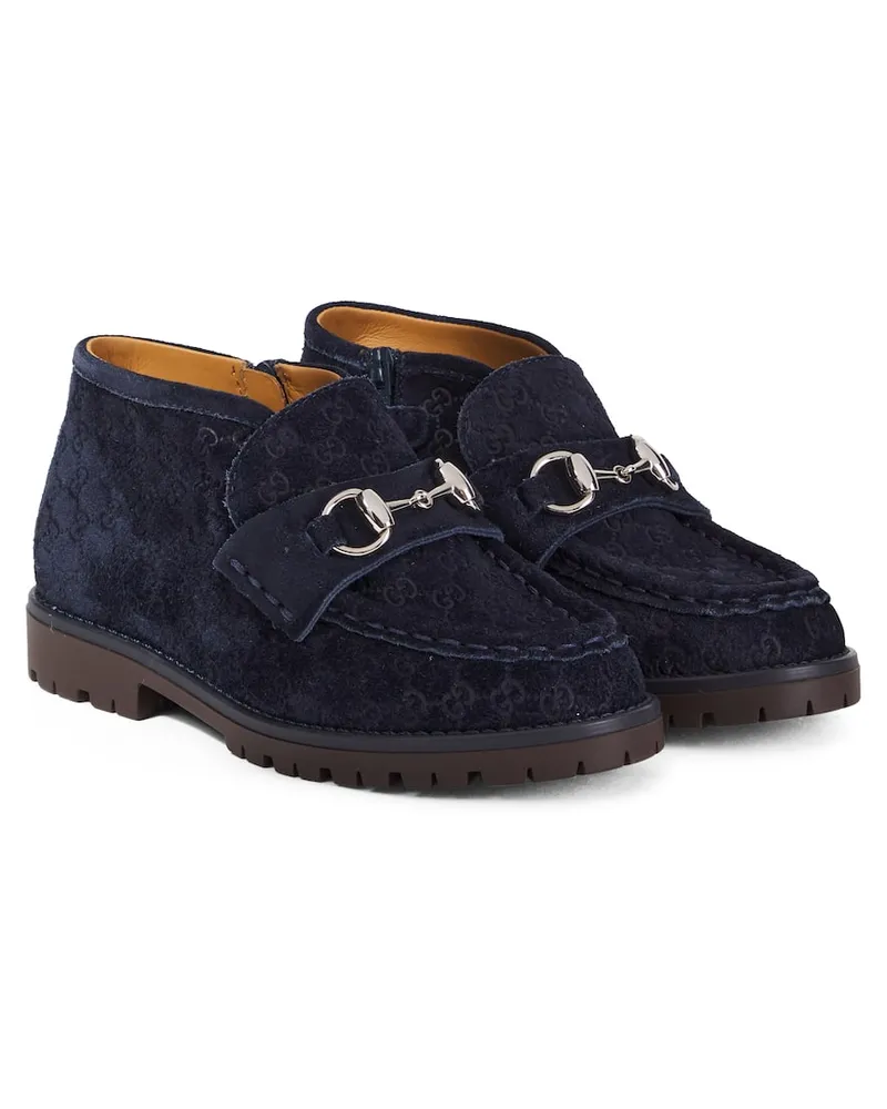 Gucci Ankle Boots Horsebit GG aus Veloursleder Blau