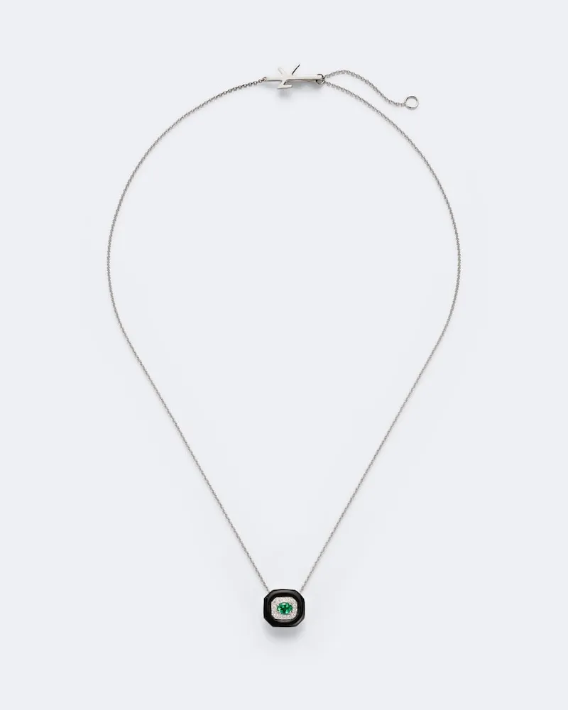 Nikos Koulis Halskette Oui aus 18kt Weißgold mit Diamanten und Smaragd Silber