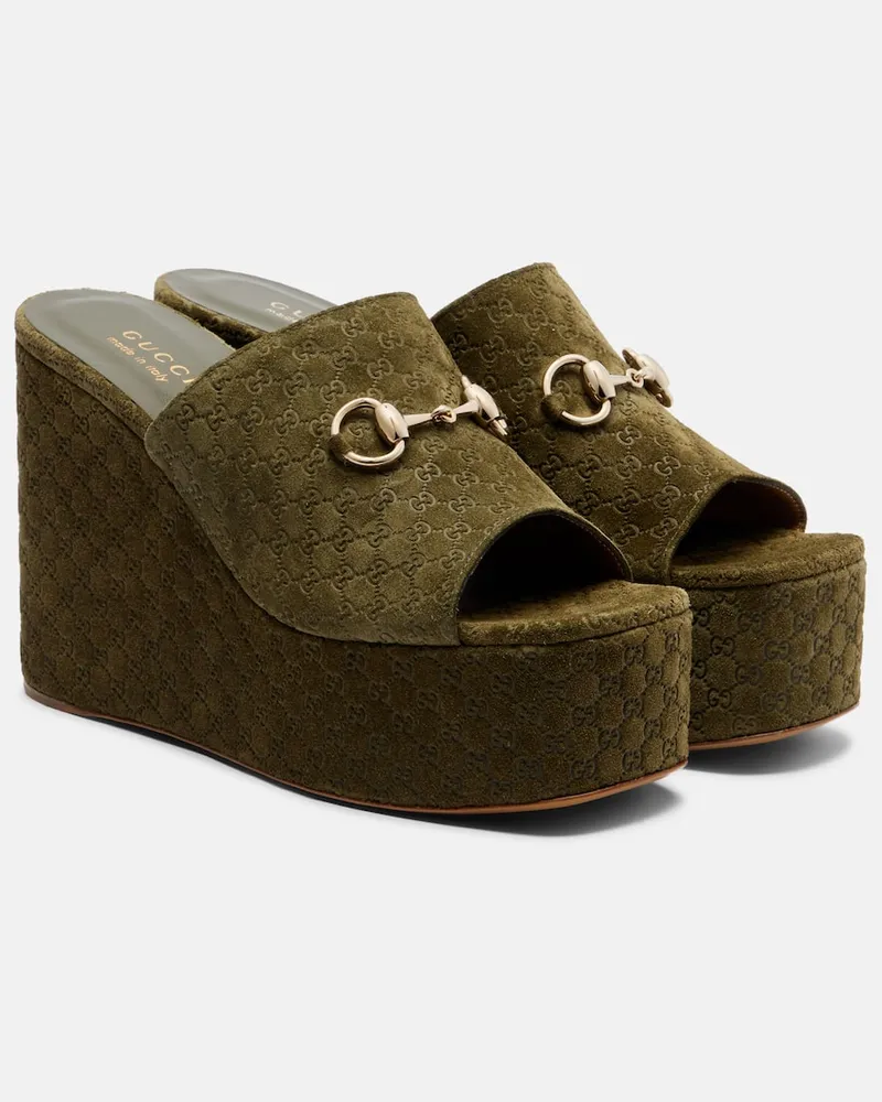 Gucci Wedge-Pantoletten Horsebit GG aus Veloursleder Grün