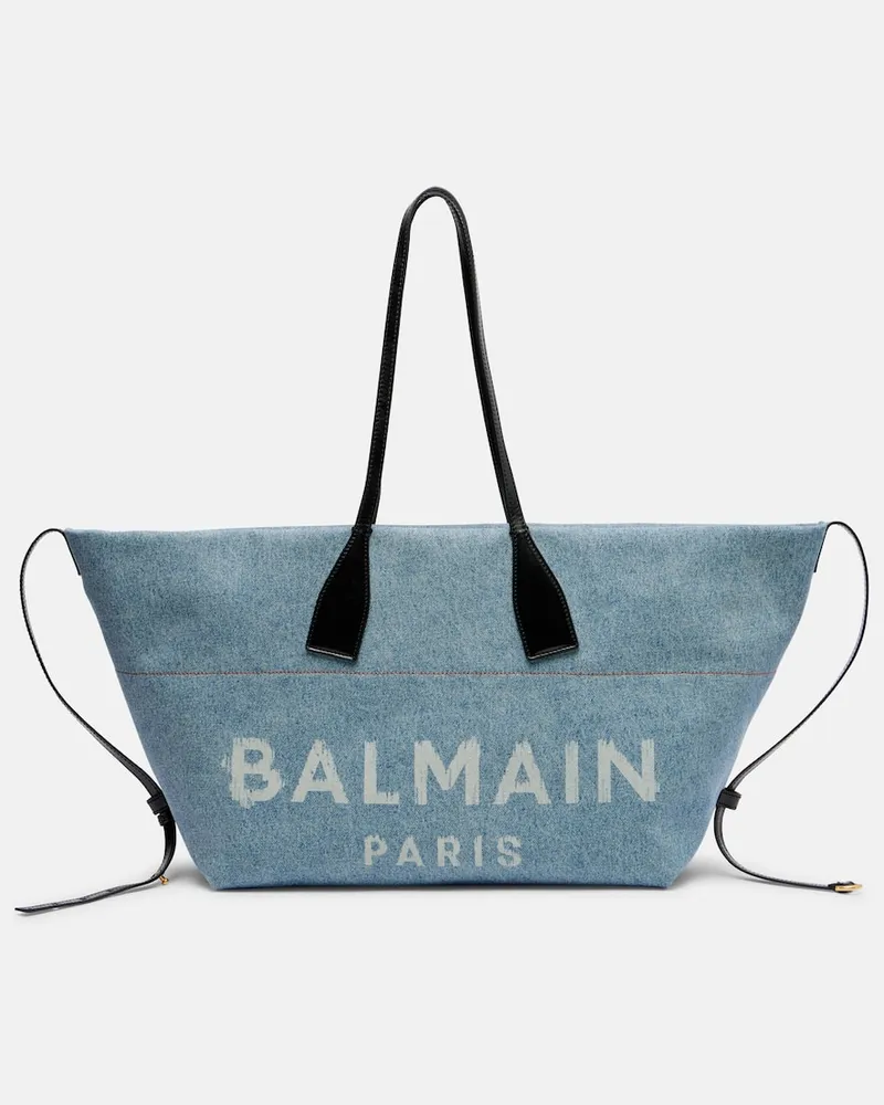 Balmain Tote Bag Track aus Denim mit Leder Blau