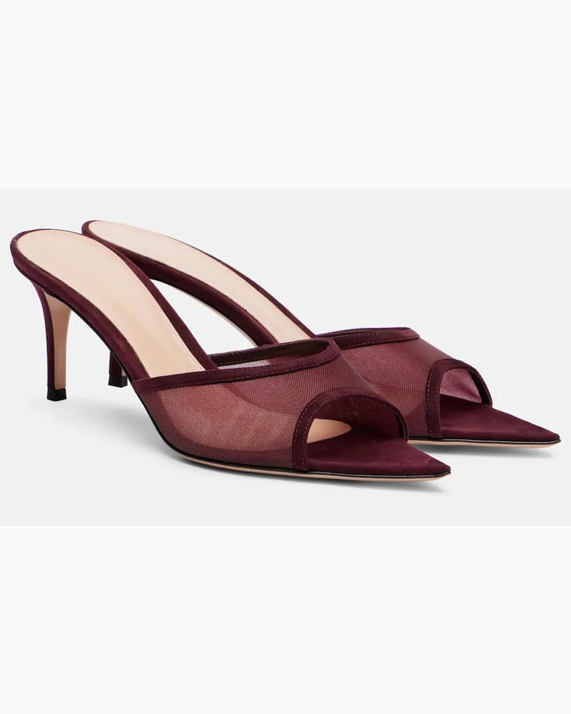 Gianvito Rossi Pantoletten Pointy 70 aus Veloursleder und Organza Burgunderrot