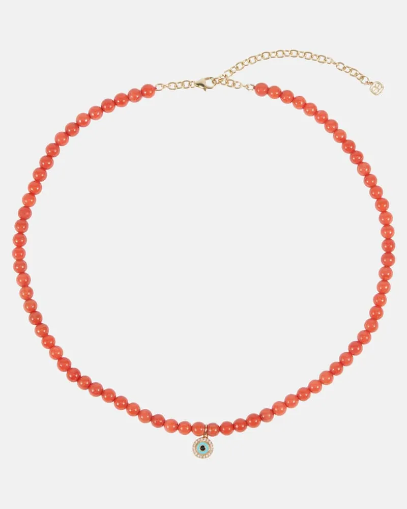 Sydney Evan Halskette Evil Eye aus Koralle mit 14kt Gelbgold, Emaille und Diamanten Orange