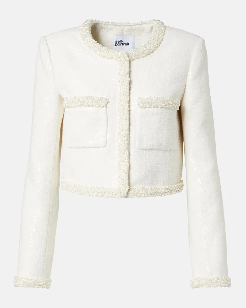 Self-Portrait Jacke aus Bouclé mit Zierperlen Weiß