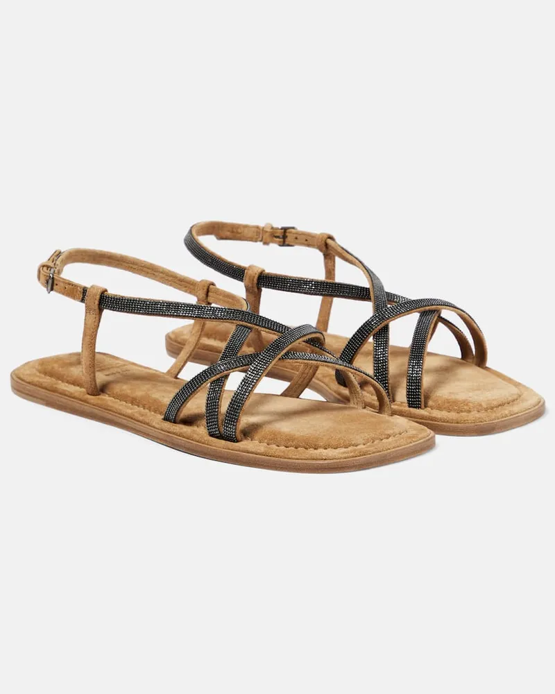 Brunello Cucinelli Verzierte Sandalen aus Veloursleder Braun