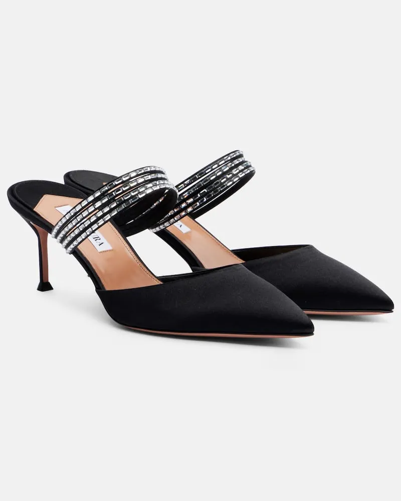 Aquazzura Mules Luce 65 aus Satin mit Kristallen Schwarz