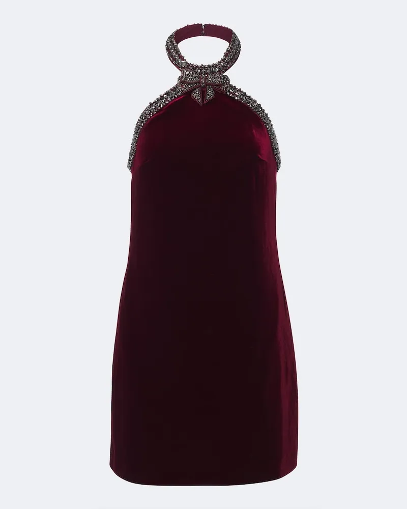 Self-Portrait Verziertes Minikleid aus Samt Burgunderrot