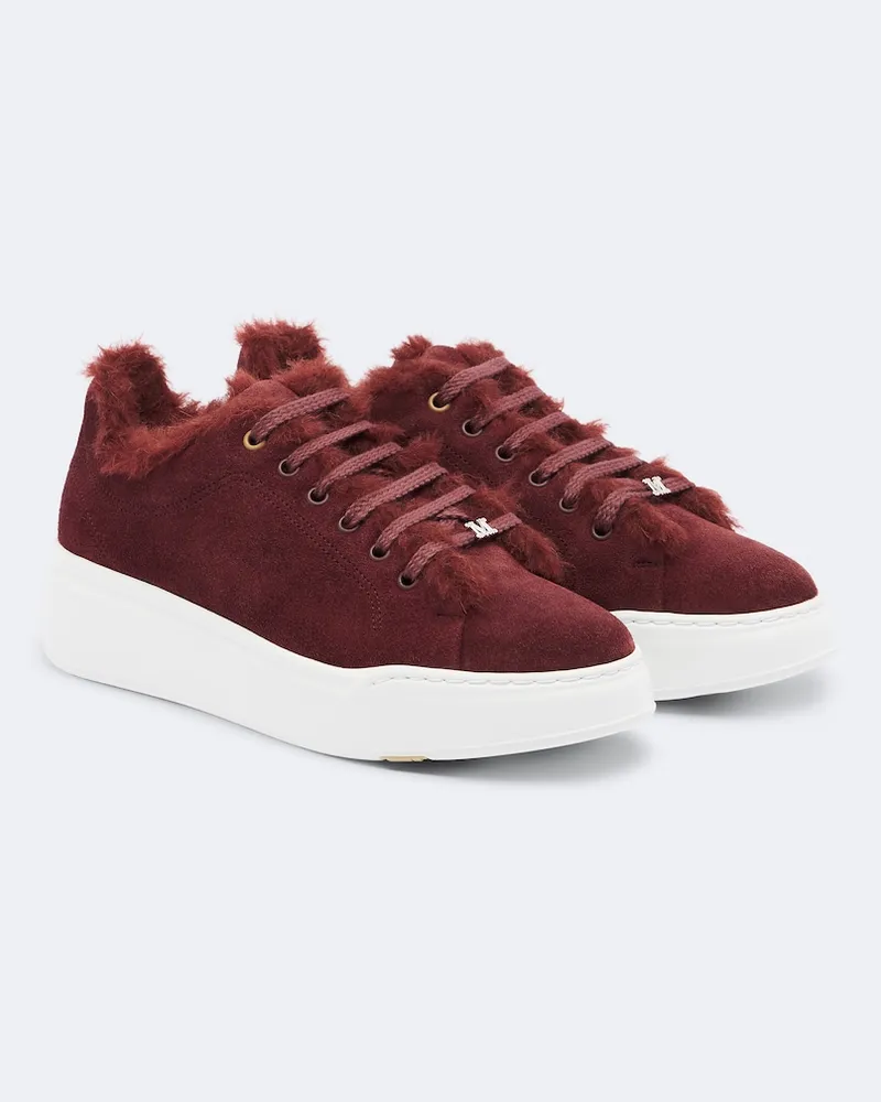 Max Mara Sneakers aus Veloursleder mit Shearling Burgunderrot