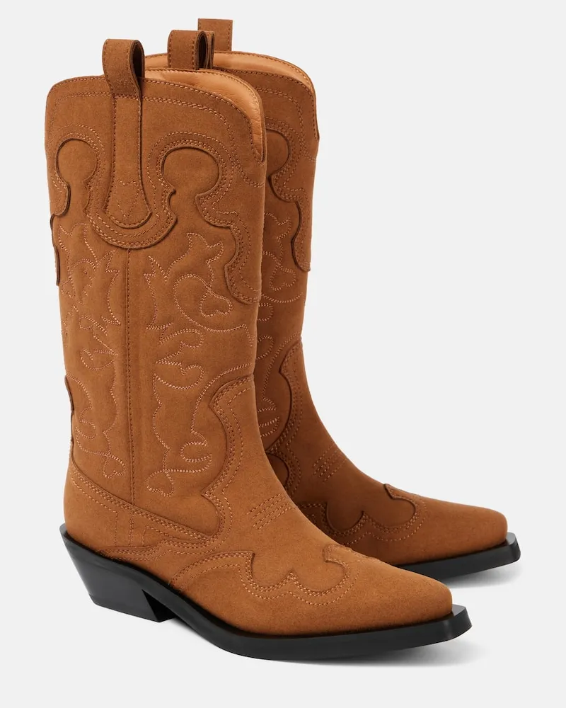 Ganni Bestickte Westernstiefel aus Lederimitat Braun