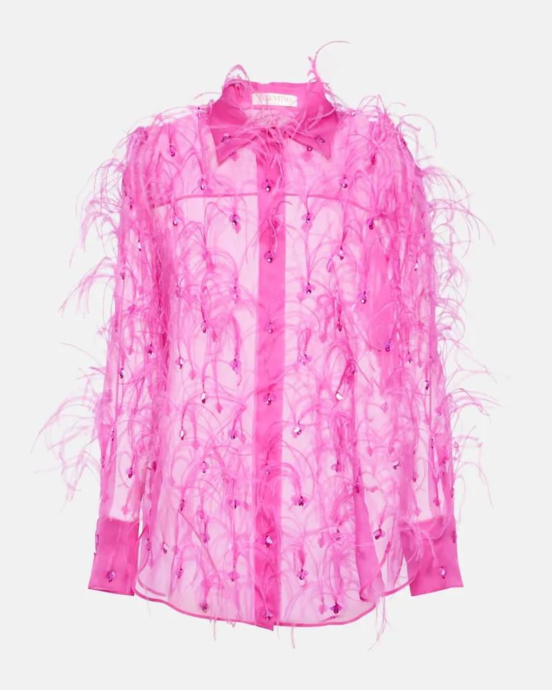 Valentino Garavani Bestickte Bluse aus Seidenorganza mit Federn Rosa