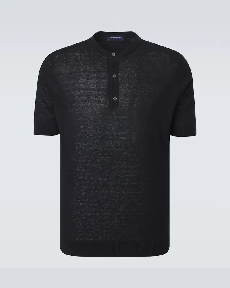Thom Sweeney Henley-Top aus Seide und Leinen Schwarz