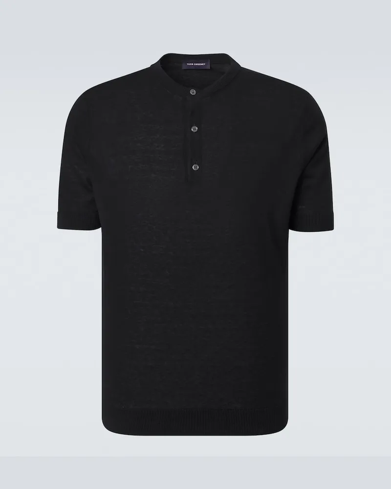 Thom Sweeney Henley-Top aus Seide und Leinen Schwarz