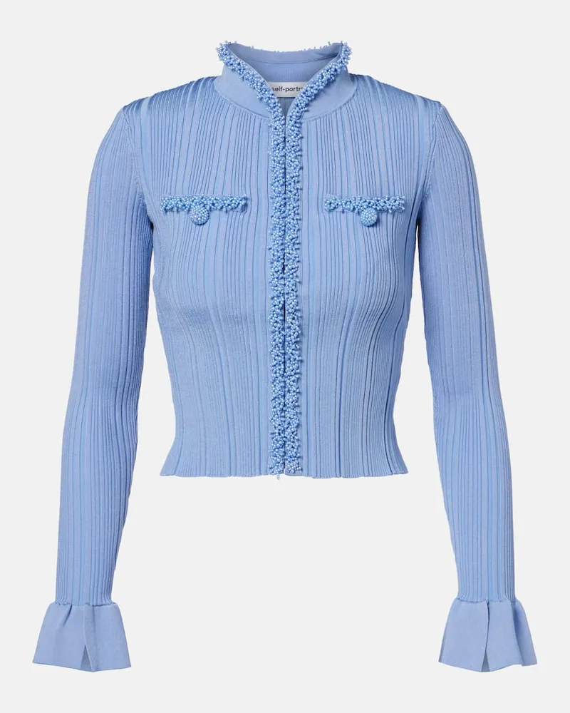 Self-Portrait Verzierter Cardigan aus Rippstrick Blau