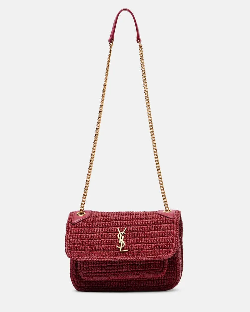 Saint Laurent Schultertasche Niki Mini aus Raffiabast Burgunderrot
