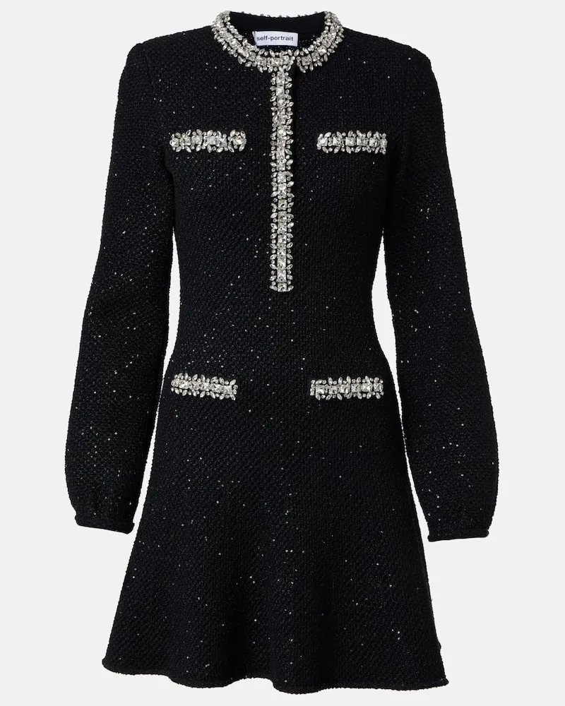Self-Portrait Minikleid mit Kristallen und Pailletten Schwarz