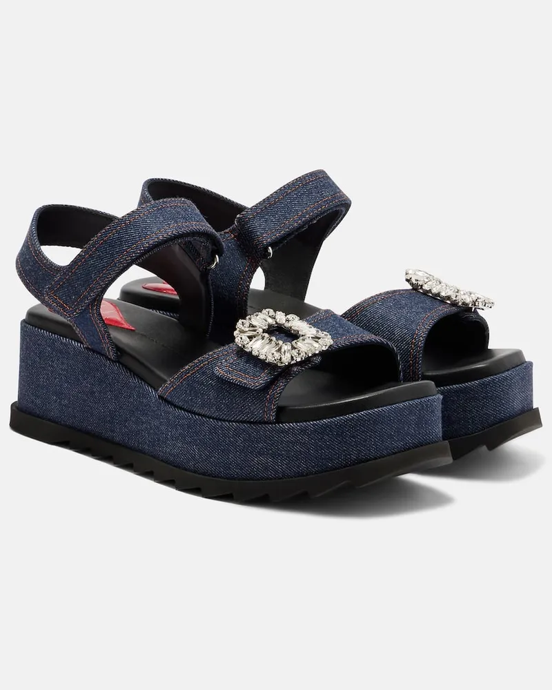 Roger Vivier Verzierte Wedge-Sandalen aus Denim Blau