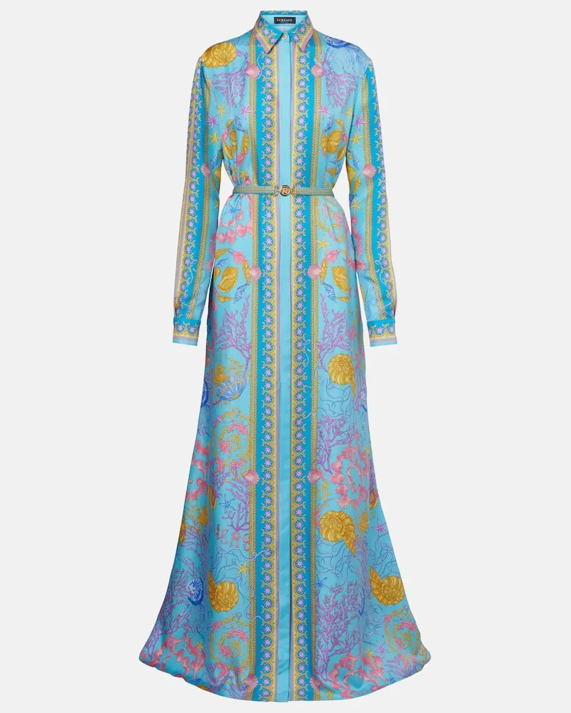 Versace Maxikleid Waterproof Barocco aus Seiden-Twill Blau