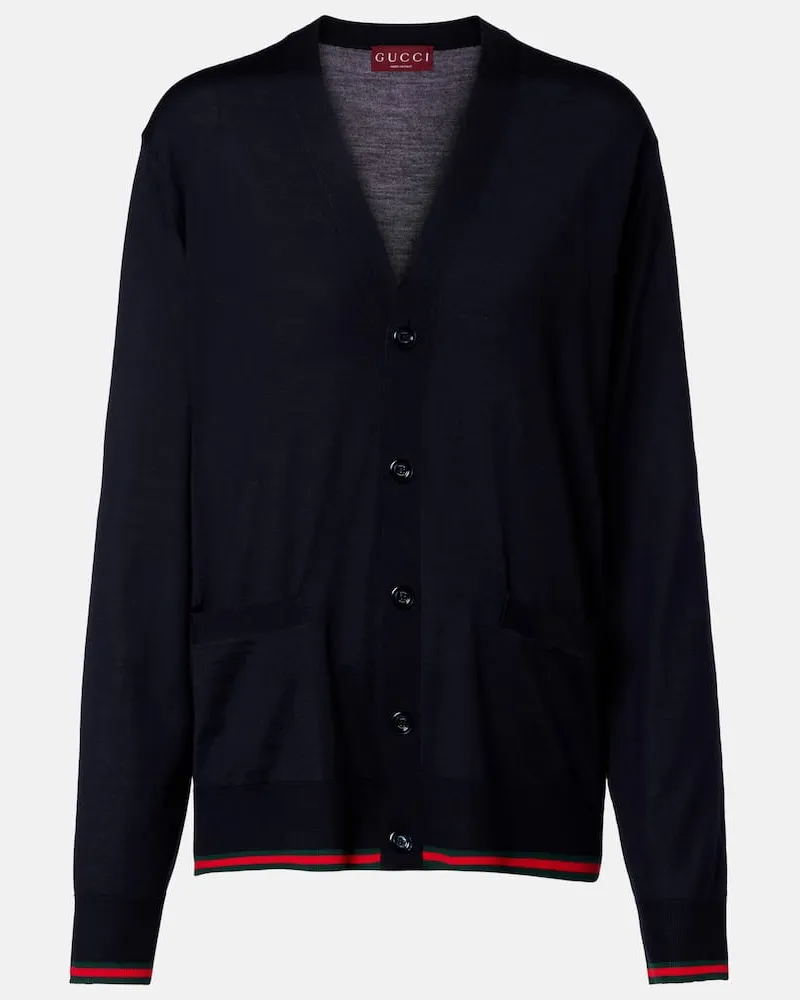 Gucci Cardigan Web Stripe aus Wolle Blau