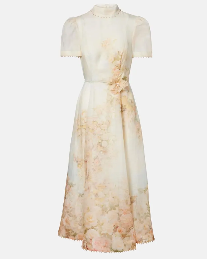 Zimmermann Midikleid Memento aus Leinen und Seide Weiß