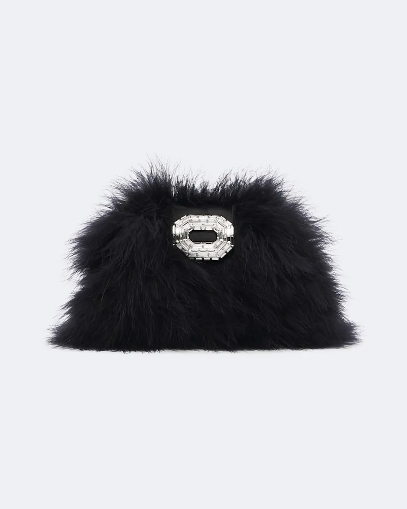 Amina Muaddi Verzierte Clutch Camelia mit Federn Schwarz