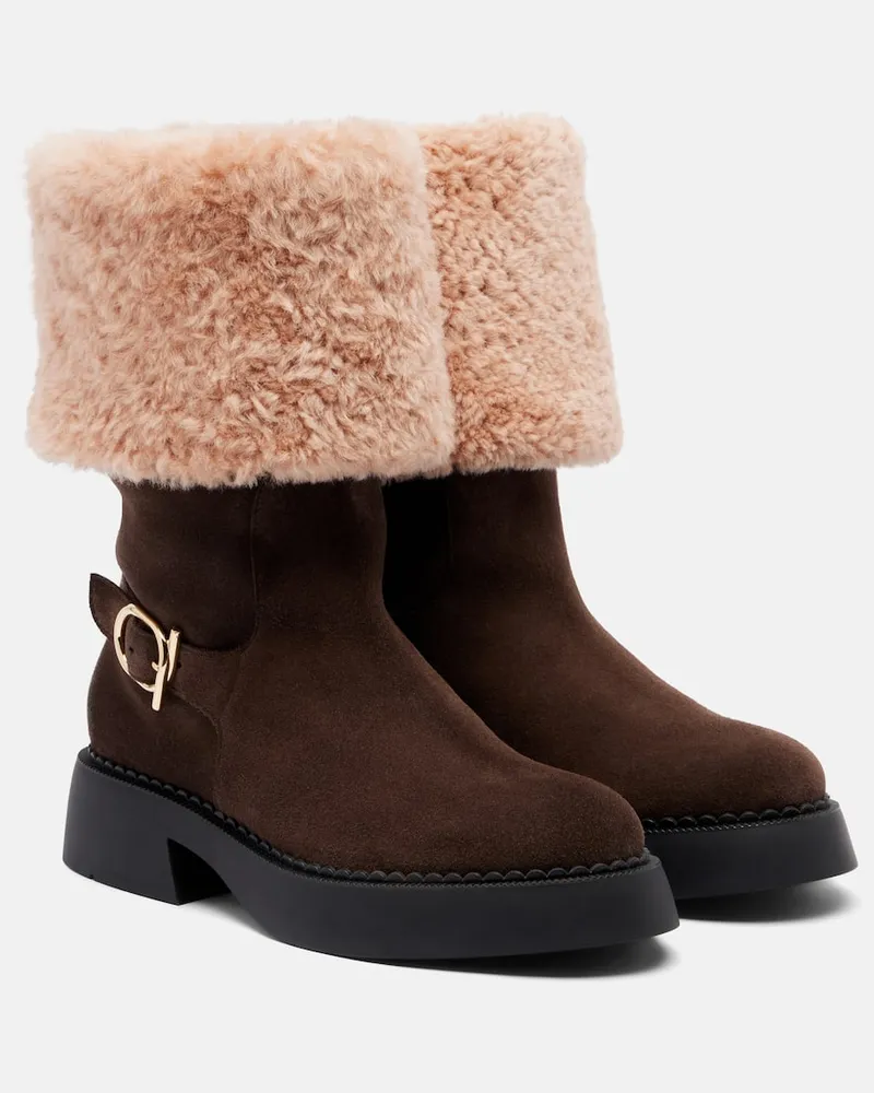 Ferragamo Stiefel Zaki aus Veloursleder mit Shearling Braun