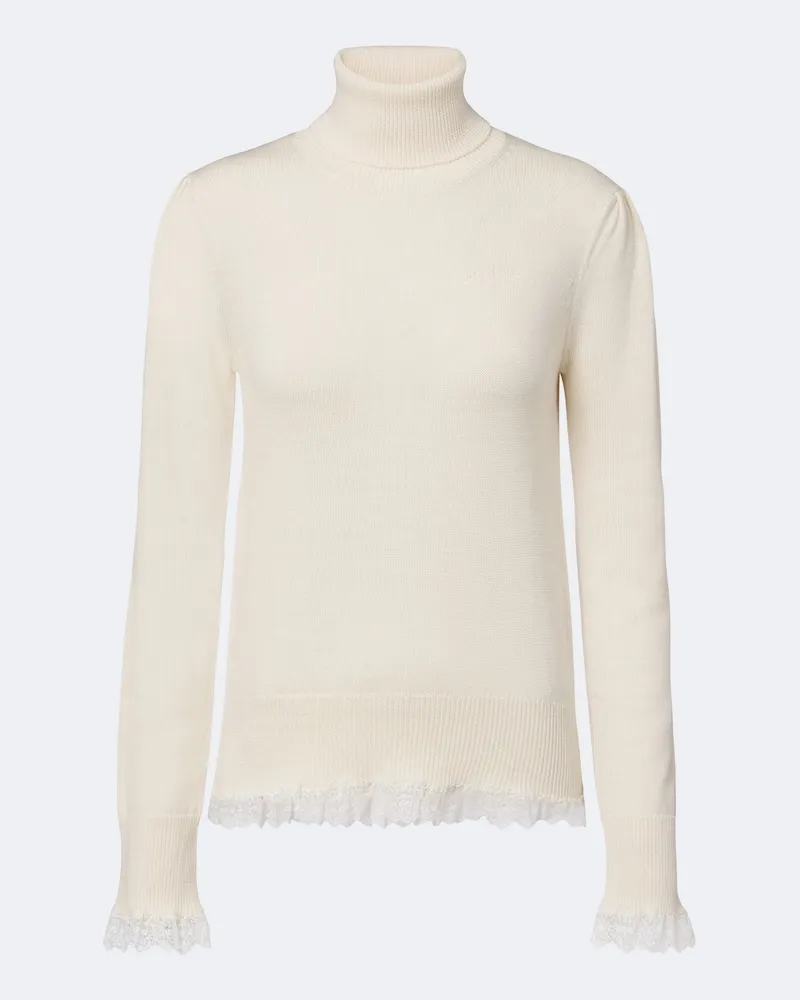 Ganni Rollkragenpullover aus Wolle mit Spitze Weiß