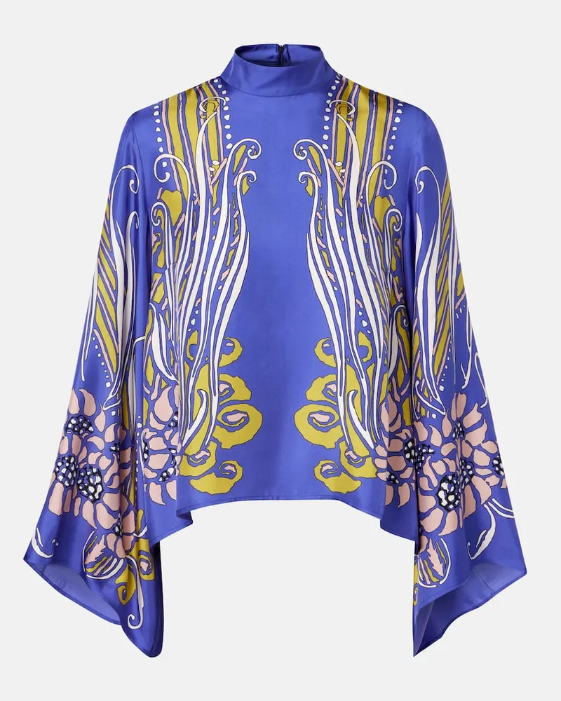 La DoubleJ Bedruckte Bluse Make An Exit aus Seidensatin Blau