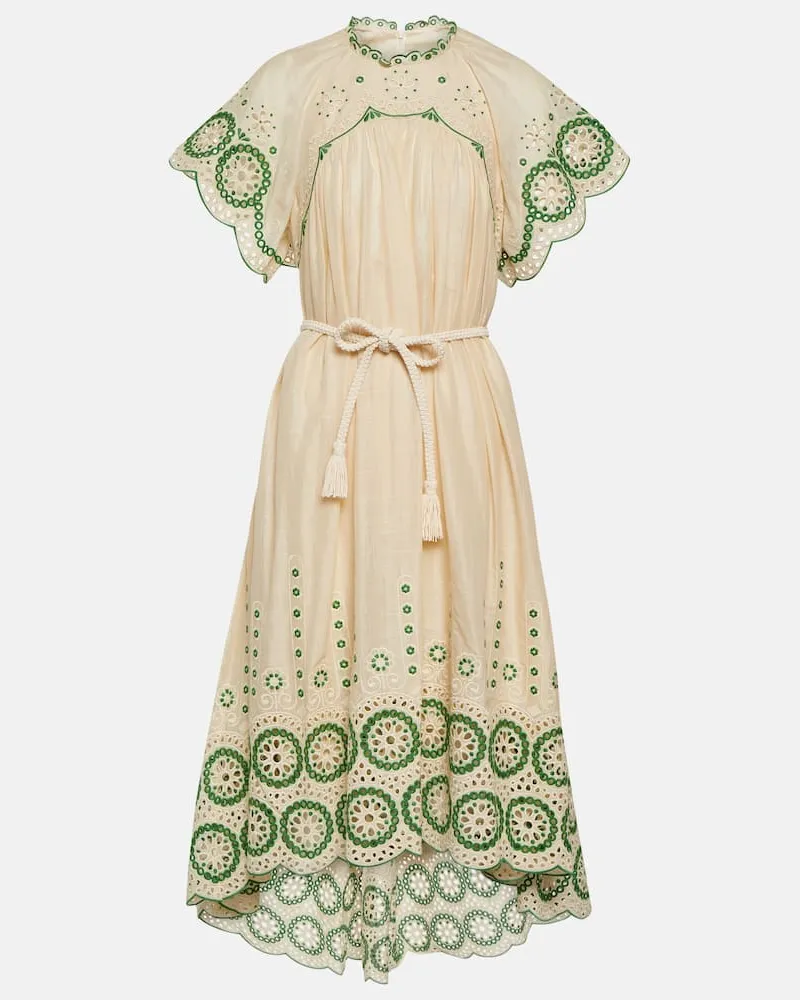 Zimmermann Besticktes Midikleid Raie aus Baumwolle Weiß