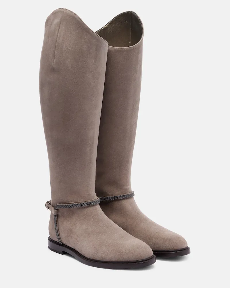 Brunello Cucinelli Stiefel Monili aus Veloursleder Beige