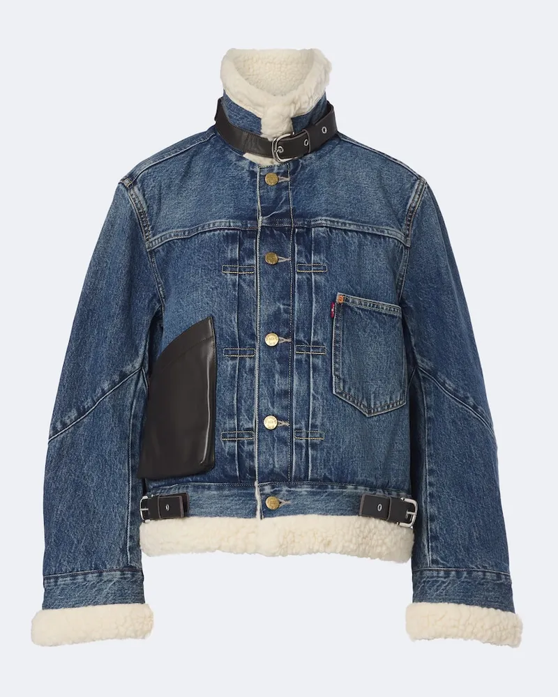Sacai Jeansjacke mit Leder Blau