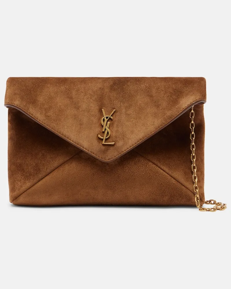 Saint Laurent Clutch Cassandre Small aus Veloursleder Braun