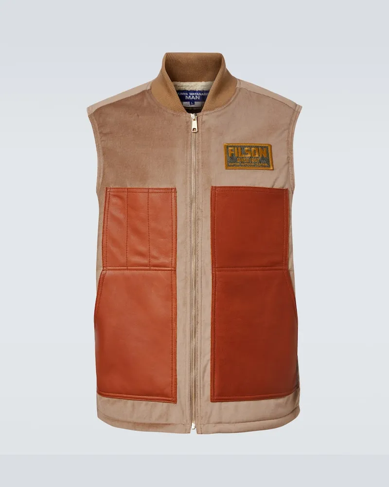 Junya Watanabe Weste aus Baumwolle und Wolle mit Leder Braun