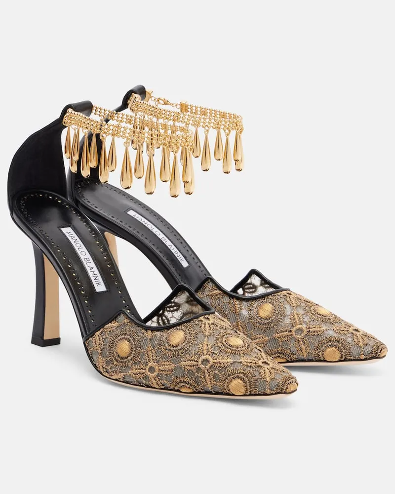 Manolo Blahnik Pumps Harnicus 105 aus Spitze mit Leder Gold