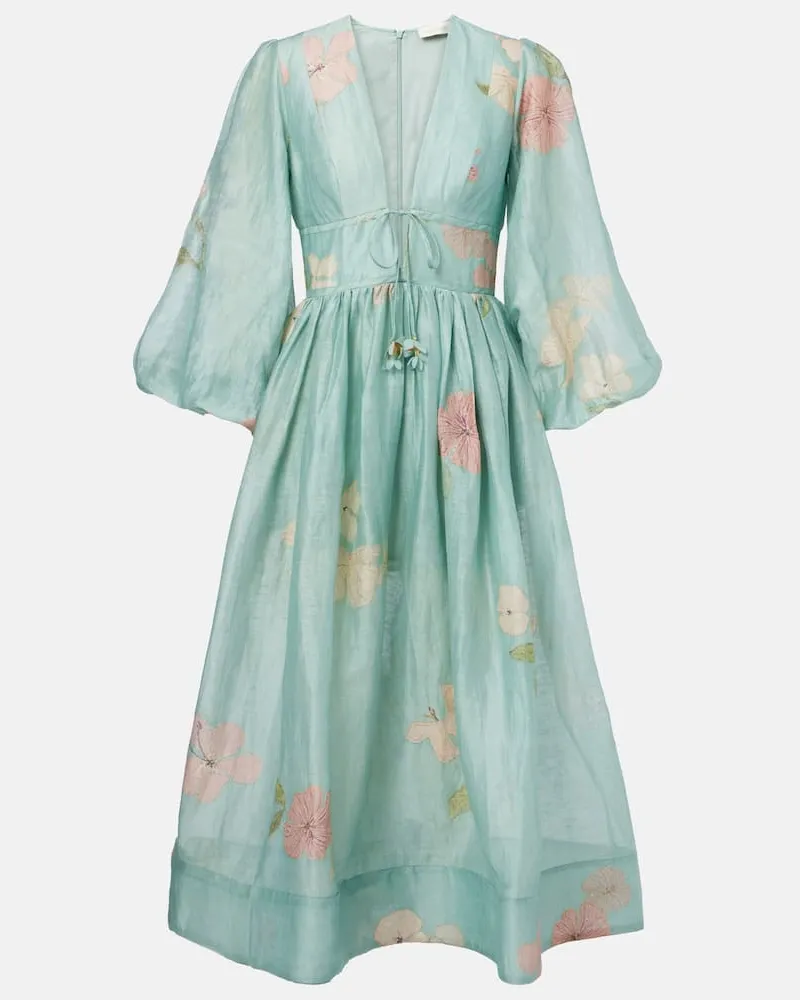 Zimmermann Midikleid Illuminate aus Leinen und Seide Blau