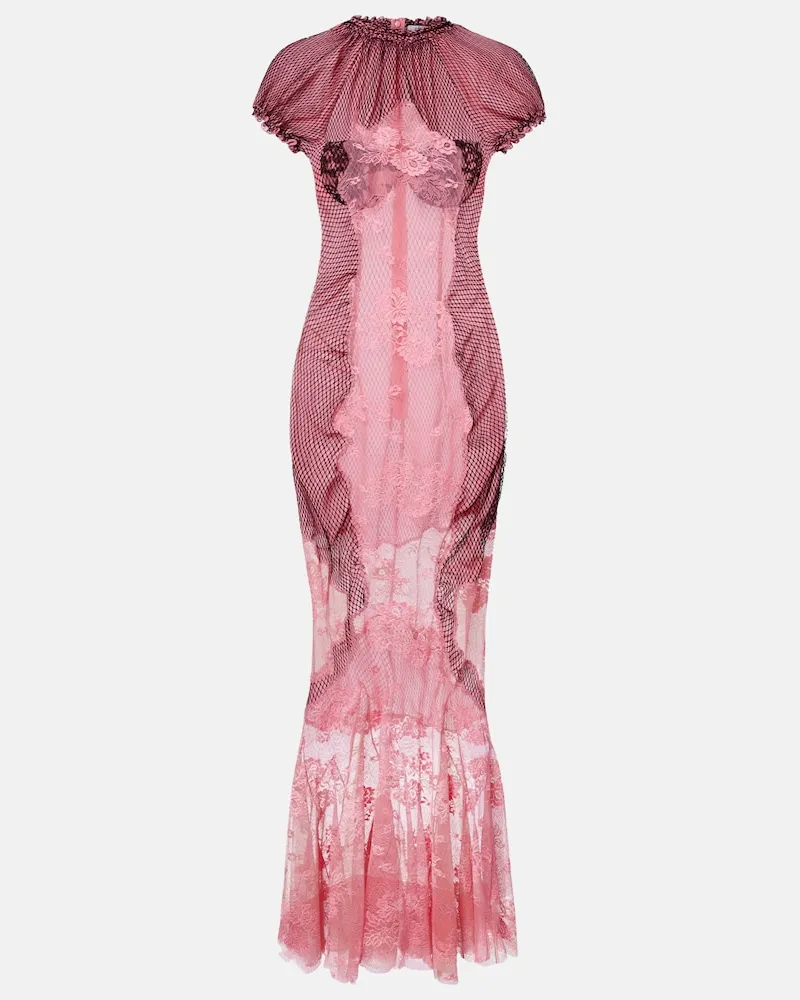 ATTICO Maxikleid aus Mesh und Spitze Rosa