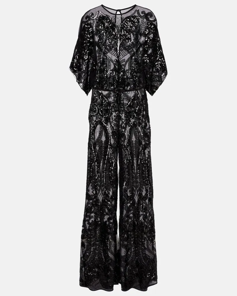 Norma Kamali Jumpsuit Obie aus Mesh mit Pailletten Schwarz